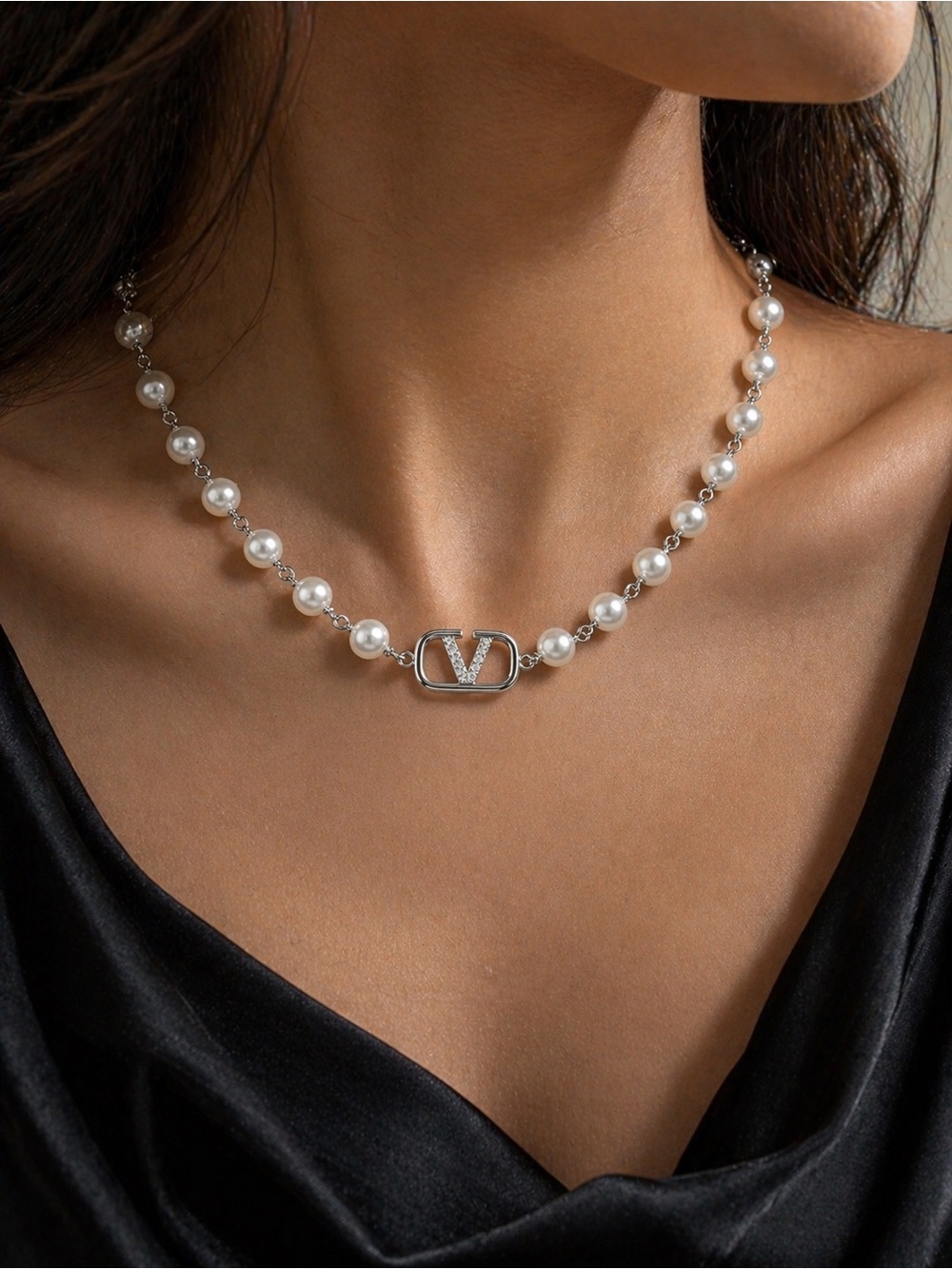 Silver and White Pearl Valentino V-Emblem Necklace - Picture 2 of 11